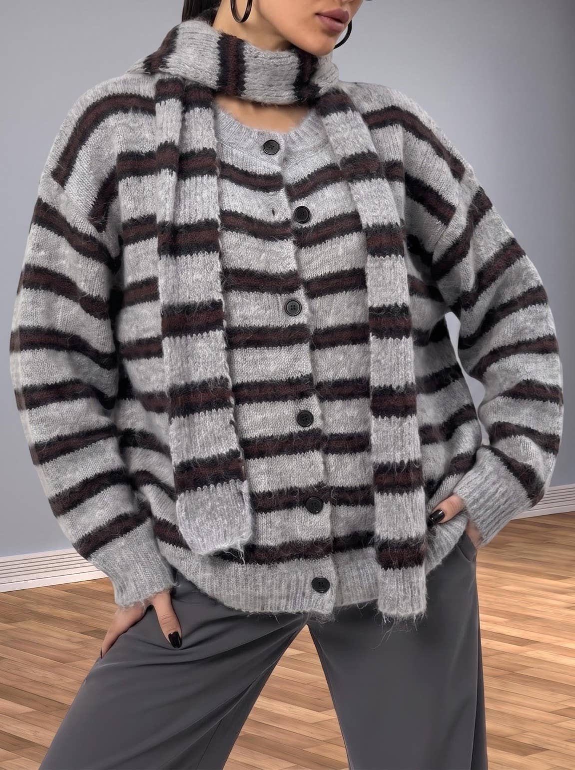Women's College-Style Striped Knit Cardigan with Scarf