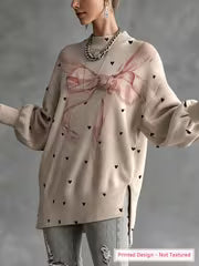 [Lightweight Sweater] Fashion Women'S Long Sleeve Pullover, Round Neck Design, Bow Heart Print, Lantern Long — view 3