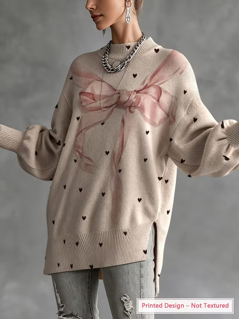 [Lightweight Sweater] Fashion Women'S Long Sleeve Pullover, Round Neck Design, Bow Heart Print, Lantern Long — view 10