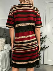 Women'S Comfortable Soft Casual Round Neck Pajamas, Retro Ethnic Striped Printed Short Sleeve Nightgown, Women'S — view 5