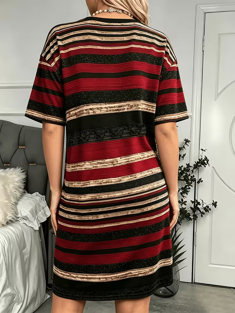 Women'S Comfortable Soft Casual Round Neck Pajamas, Retro Ethnic Striped Printed Short Sleeve Nightgown, Women'S — view 6