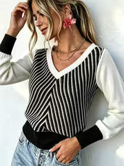 Color-Block V-Neck Sweater for Women, Color-Block Long-Sleeve Spliced Ribbed Pullover Top. Soft And Lightweight — view 8