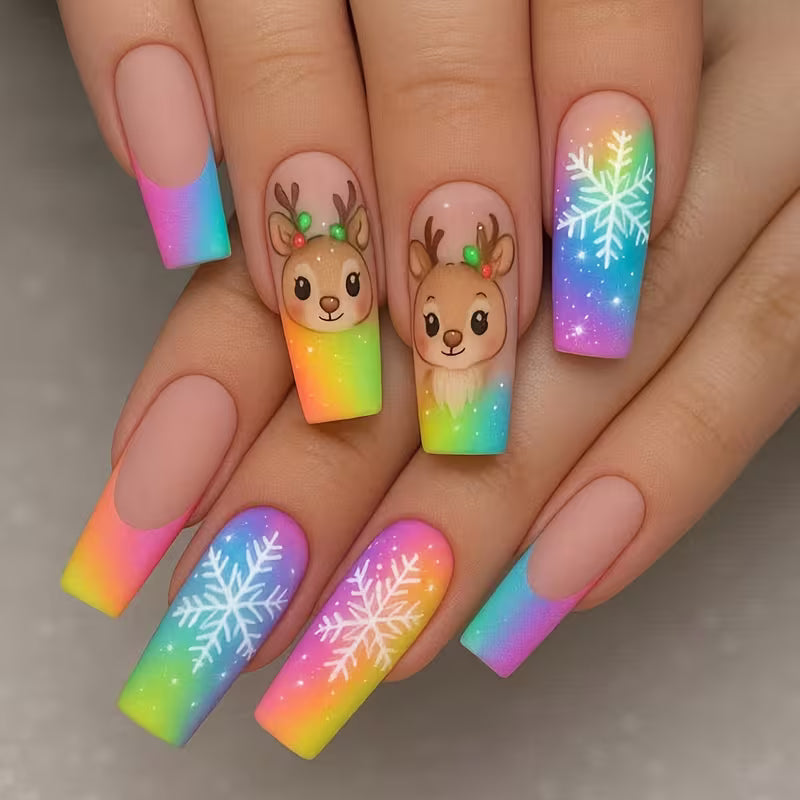 24pcs Rainbow Christmas Press-On Nails with Colorful Gradient, Featuring Reindeer and Snowflake Pattern Design — view 6