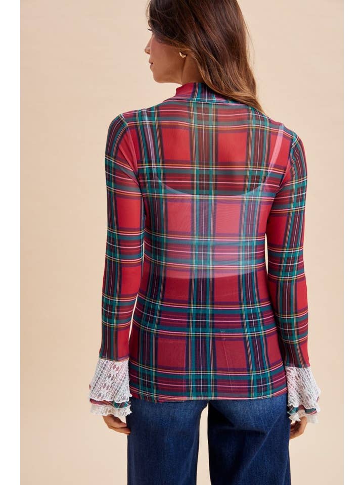 Christmas Check Ruffle Sleeve Stretch Mesh Top — view 4