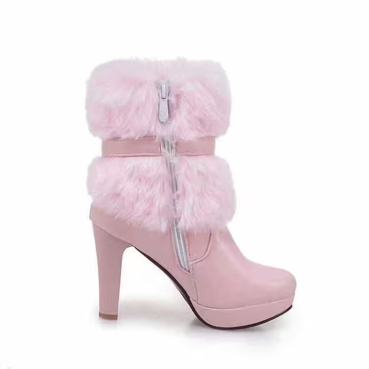 Ladies' Footwear, Cozy, Elevated Heels, Short Boots, Plush, Ribbon Detail, Adornment, Weather-Resistant, Trendy — view 15