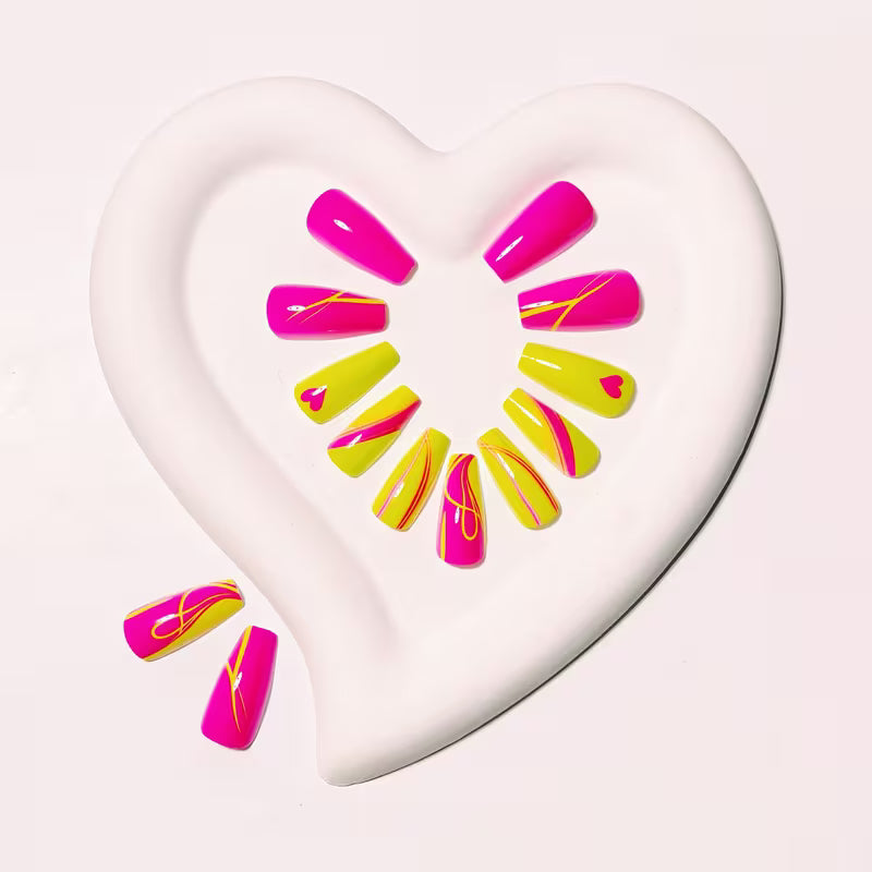 24pcs Bright Pink & Yellow Ombre Press-On Nails with Heart Designs – Medium Ballet Shape, Glossy Finish, Elegant — view 10