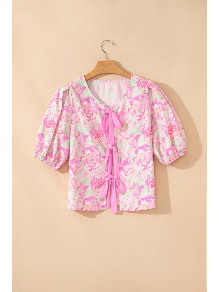 PRETTY BASH Floral Ribbon Tie Front Puff Sleeve Blouse