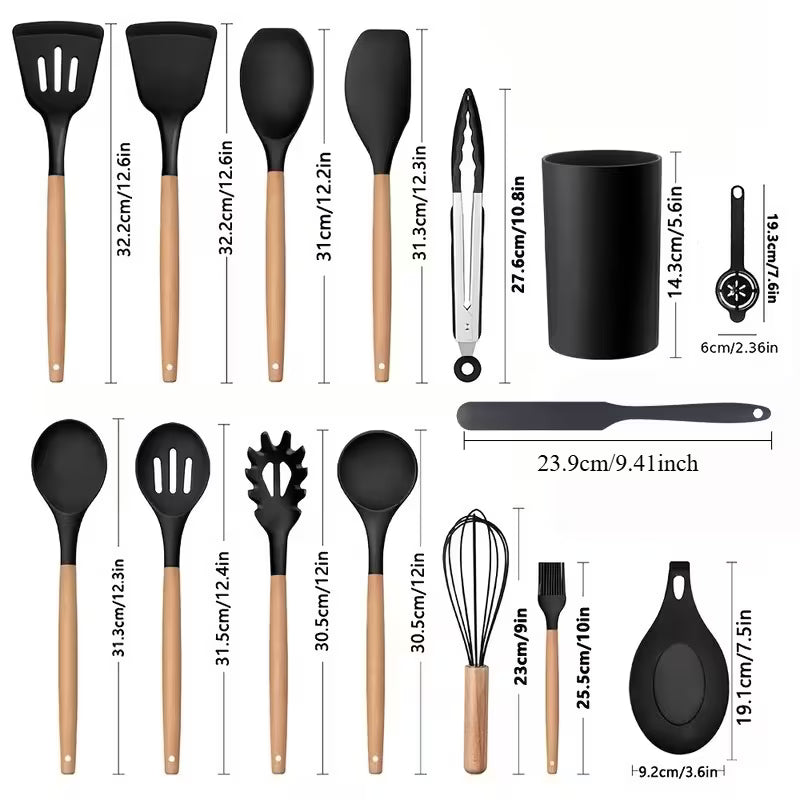 15pcs Silicone Utensil Set - Non-Stick Cooking Utensils with Wooden Handle & Storage Bucket - Apartment & Dorm — view 12