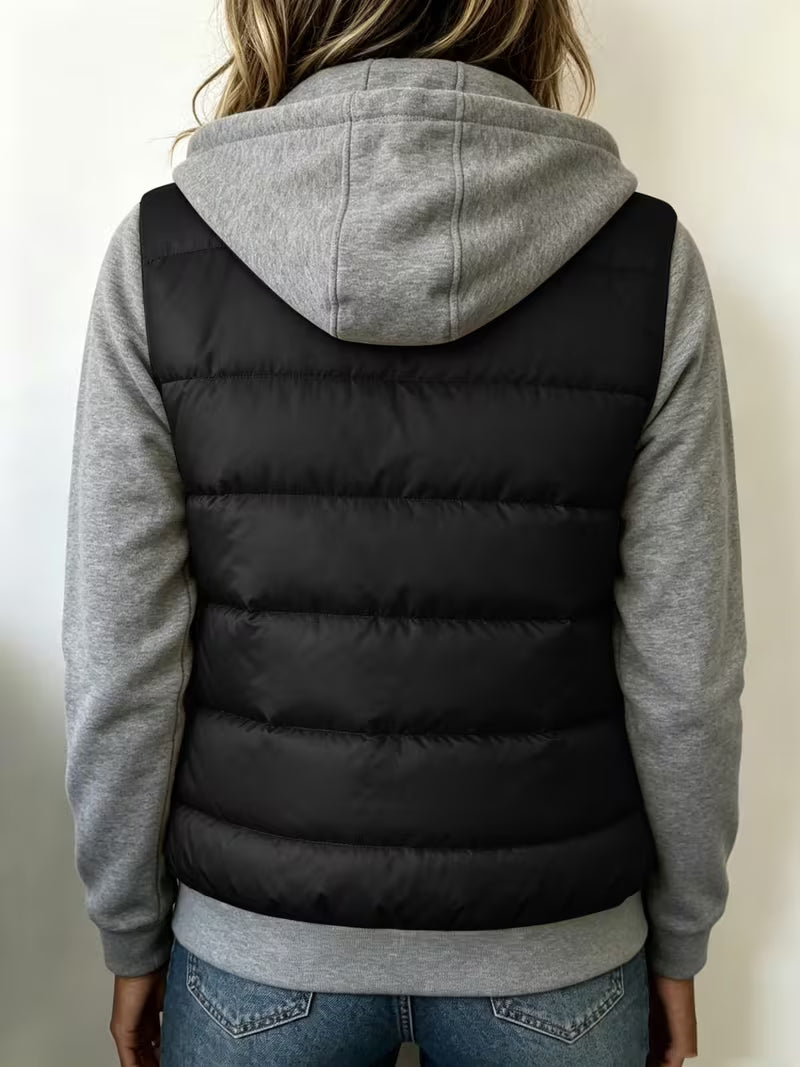 Women's Fashion Patchwork Color-Block Quilted Jacket, Long Sleeve Hooded Winter Jacket, an Essential for Autumn — view 6