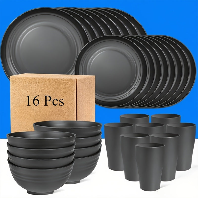 16pcs/set Durable Plates, Shatterproof Cutlery Set, Microwave Dishwasher Safe, Reusable Cutlery, Set of 8 Plates, 4 Bowls, 4 Cups - Perfect for Camping Picnics, Moving Gifts, Family Gatherings and Everyday Use