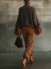 Women'S Elegant Fashion High-Neck Long Sleeve Sweater with Sheer Ruffled Cuffs — view 3