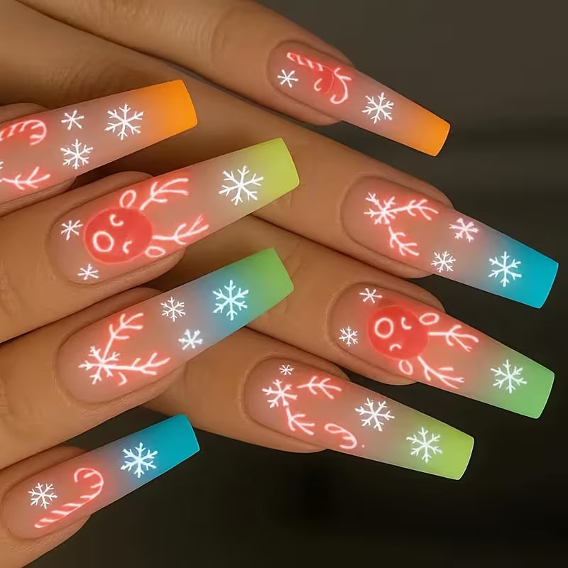 24pcs Long Coffin Press-On Nails, Gradient Matte Glow in Dark Christmas Elk Snowflake Candy Cane False Nails — view 8