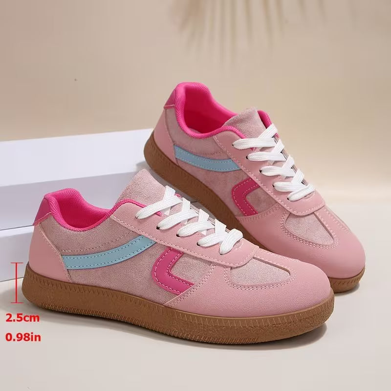 Women Color Block Shape Logo Retro Low Top Sneakers, Lace Up Gum Sole Soft Comfort Casual Walking Shoes, Women Shoes
