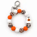 Halloween Beaded Wristlet Keychain, Cute Pumpkin Charm, Orange White Beaded Key Ring, Wristlet Bag Charm for — view 1