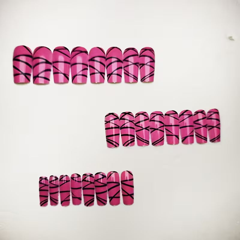 24pcs Press-On Nails Suitable for Daily Wear & Special Occasions - Pink Matte Base with Black Diagonal Stripe — view 7