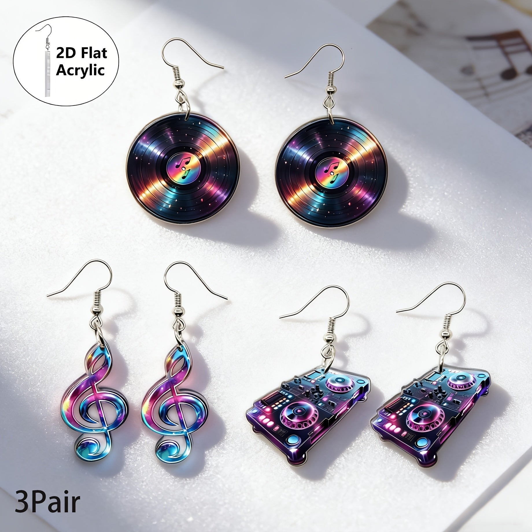 2D Flat - Colorful 2D Flat Acrylic Earrings Featuring a Disc Design, Perfect for Music Festival Parties. These Cute Cartoon Additions Make Great Gifts for Fans