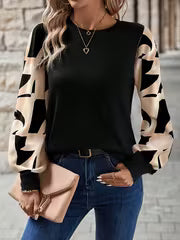 Women's T-shirt, Round Neck Top with Spliced Sleeves, Color-blocked, Suitable for Daily Casual, Elegant, and — view 1