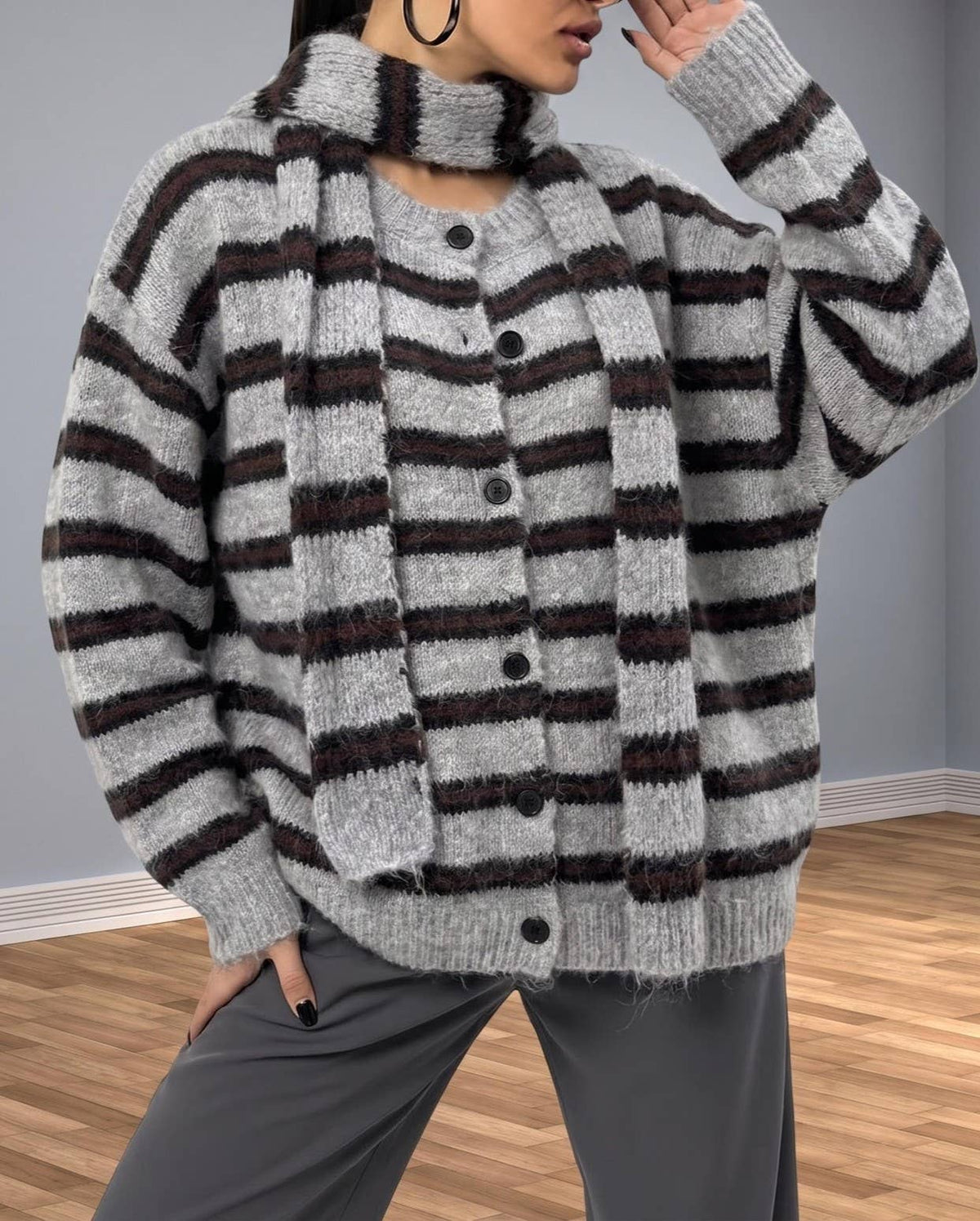 Women's College-Style Striped Knit Cardigan with Scarf
