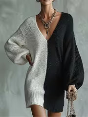 Elegant Color-Block Spliced Deep V-Neck Dress with Lantern Sleeves - Loose-Fit Long Dress Suitable for Home — view 3