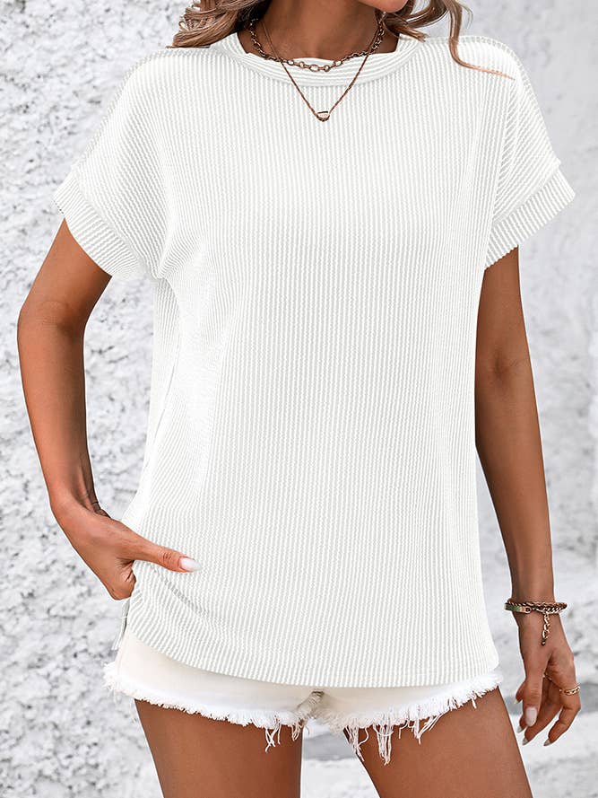 Ribbed Knitting Stitching Outside Round Neck Top MD121