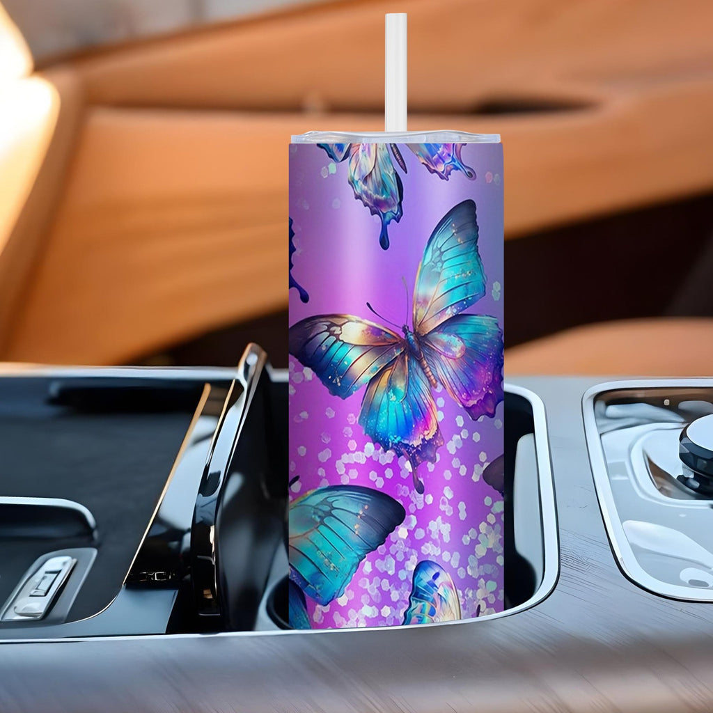 20oz Insulated Stainless Steel Tumbler with Straw - Vibrant Butterfly Print