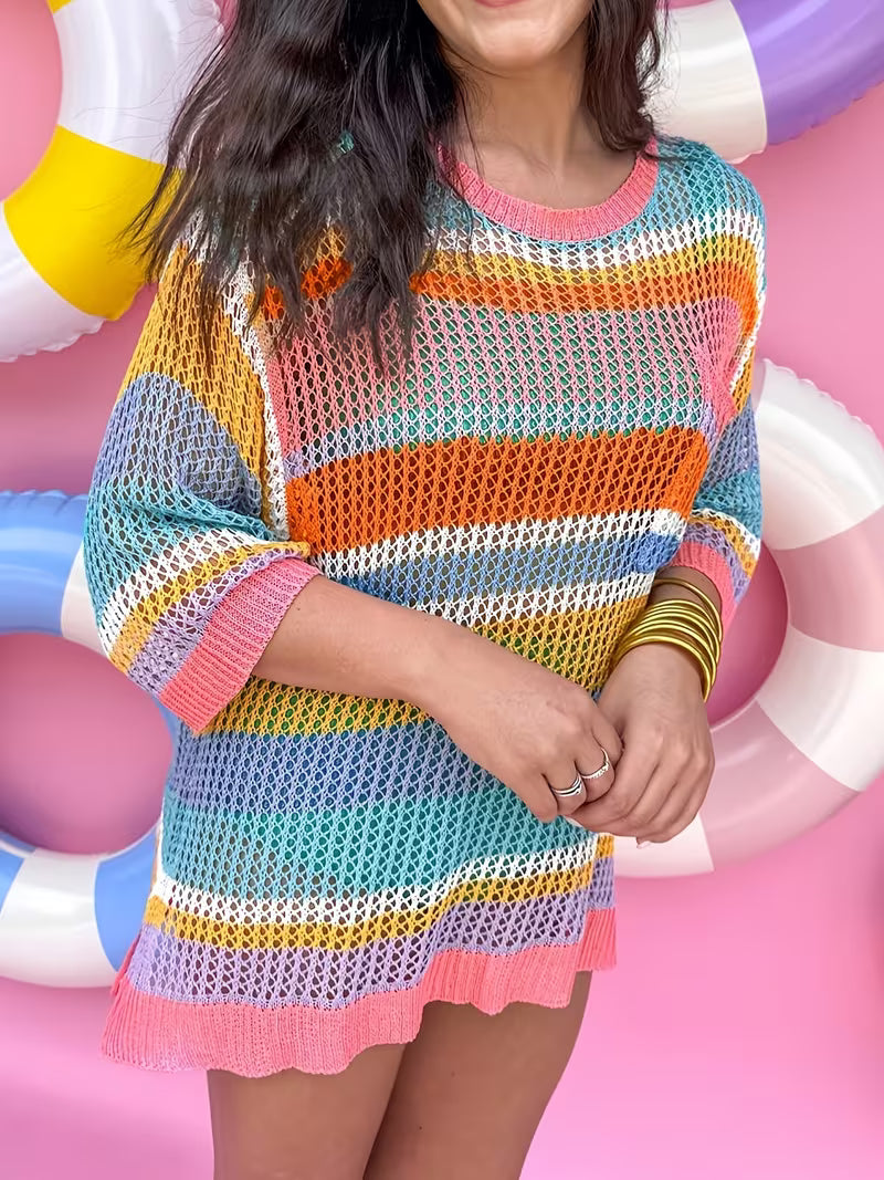 Pink Stripe Colorblock Hollowed Crochet 3/4 Sleeve Sweater — view 9