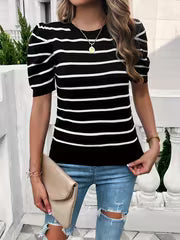 Women's Temperament Striped Commuter Casual Crewneck Short-sleeved Sweater — view 3