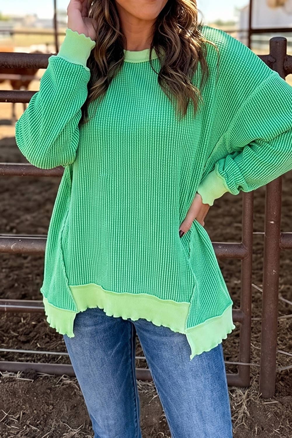Fall Twist Rib Uneven Hem Drop Shoulder Oversized Knit Top