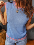 Sleeveless Sweater with a Round Neck And Sky Blue Contrast Trim