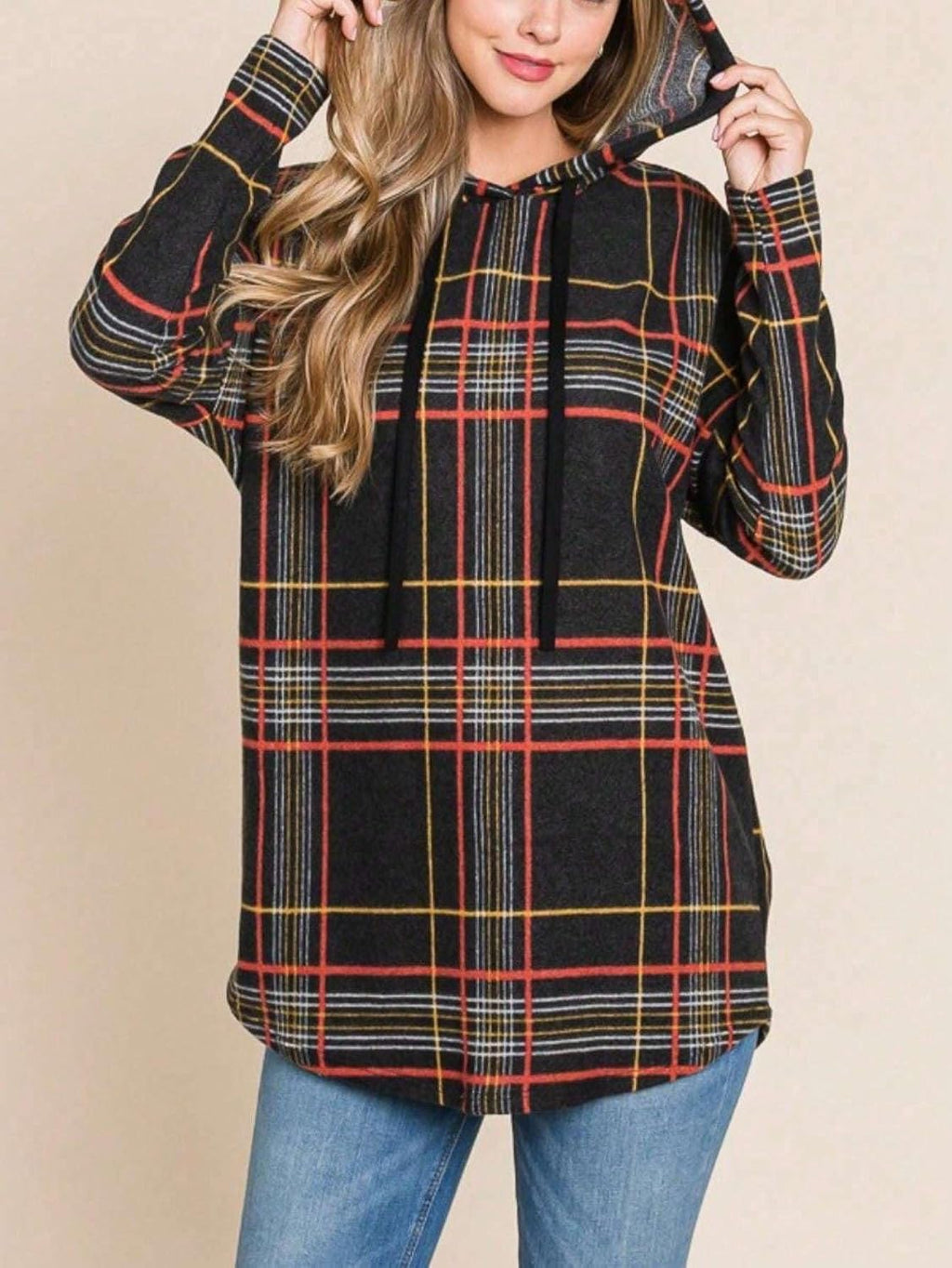 Yanhoo Women's Plaid Hoodie Sweatshirt - Black Long Sleeve, Drawstring Hood, Tunic Length, Casual Fall/Winter