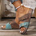 Women's Retro Geometric Metal Buckle Flat Sandals - Soft Faux Open Toe Summer Beach Shoes with Adjustable Back Strap Casual Outdoor Slippers