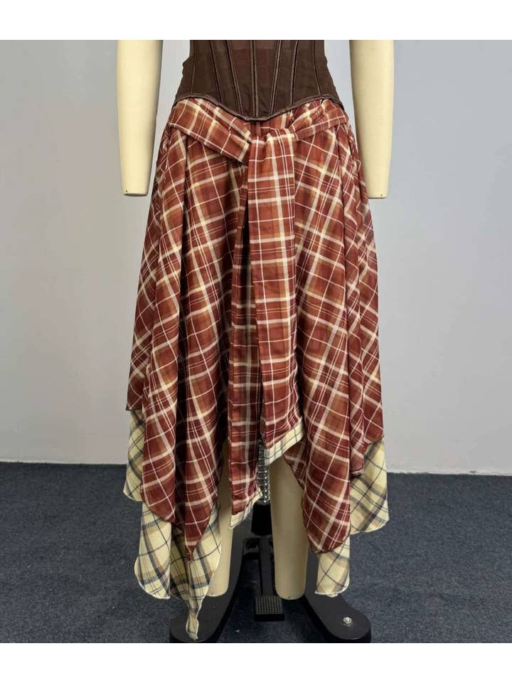 The Movement Is The Point | Preppy Dual-Layer Tartan Maxi Skirt