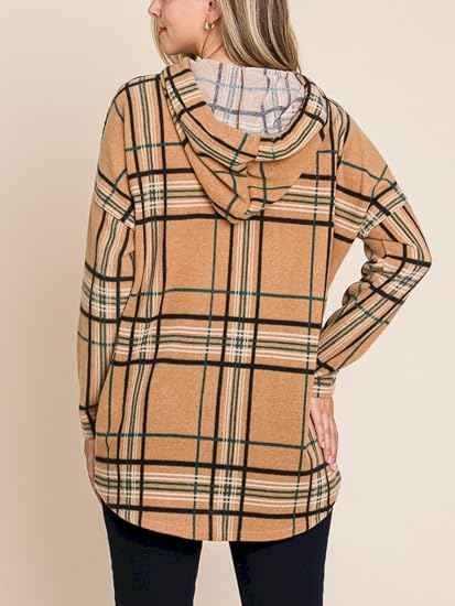 Womens Casual Pullover Hoodie Classic Plaid Pattern Drawstring Design Longline Sweatshirt Camel Black