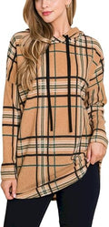 Womens Casual Pullover Hoodie Classic Plaid Pattern Drawstring Design Longline Sweatshirt Camel Black