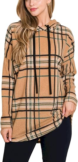 Womens Casual Pullover Hoodie Classic Plaid Pattern Drawstring Design Longline Sweatshirt Camel Black