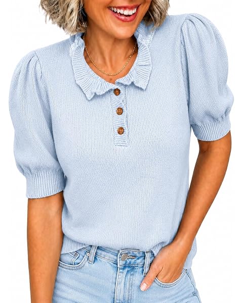 Womens Summer Tops Crewneck Short Sleeve Hollow Out Sweaters Dressy Casual Blouses, Work Office Shirts, All Year — view 5