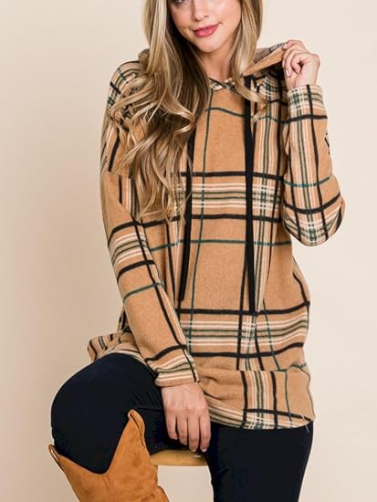 Womens Casual Pullover Hoodie Classic Plaid Pattern Drawstring Design Longline Sweatshirt Camel Black