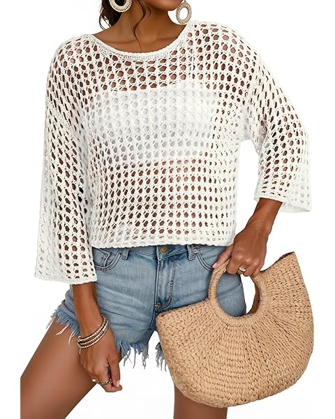 Womens Summer Tops Crewneck Short Sleeve Hollow Out Sweaters Dressy Casual Blouses, Work Office Shirts, All Year — view 14