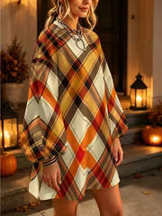 Fall Halloween Outfit Classic Autumn Tartan Plaid Print Oversized Long Sleeve Sweatshirt Dress, Holiday Loose — view 1