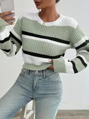 Striped Round-neck Cropped Sweater, Casual Long-sleeve Sweater for Spring and Autumn, Women's Clothing — view 8