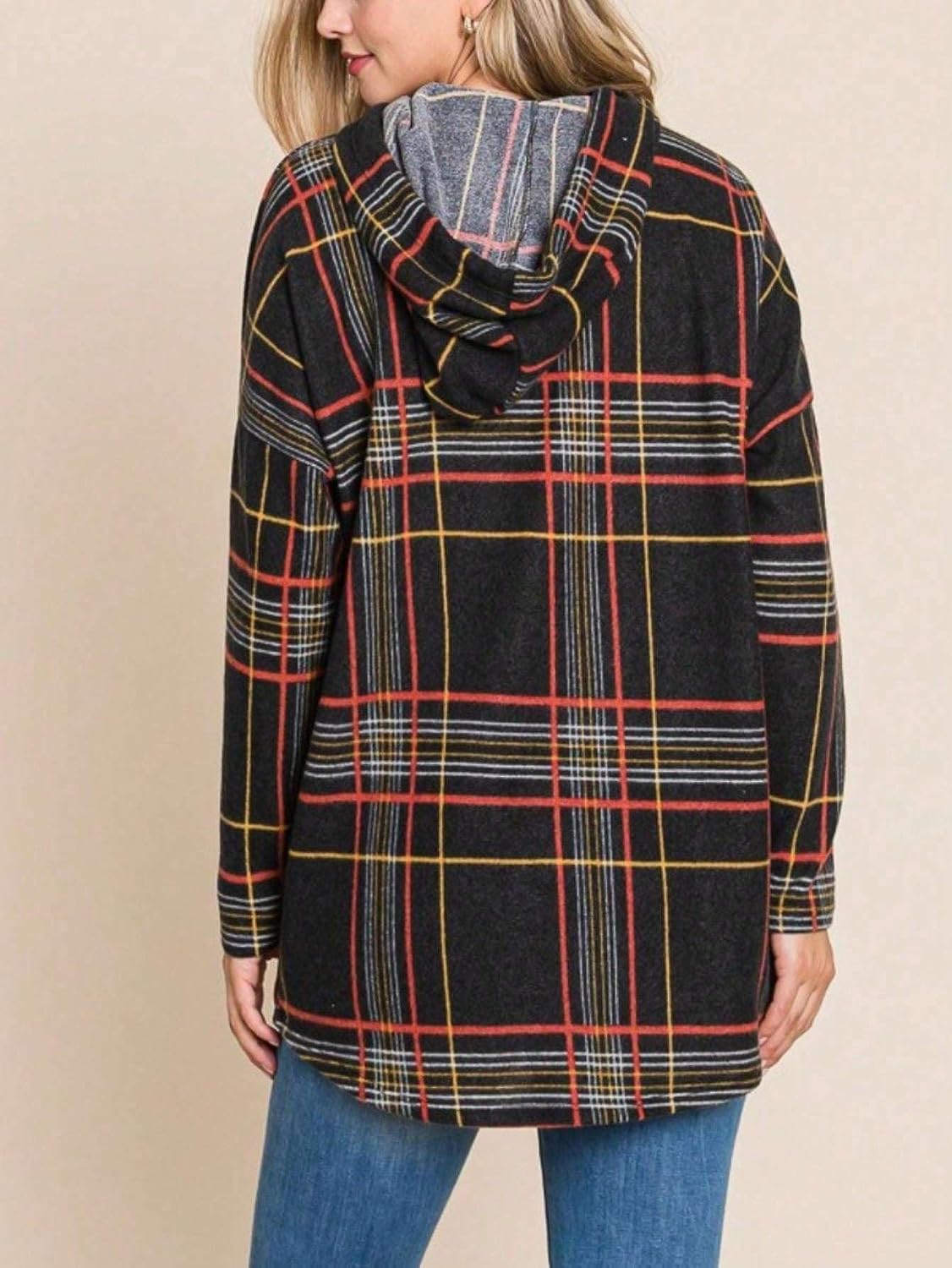 Yanhoo Women's Plaid Hoodie Sweatshirt - Black Long Sleeve, Drawstring Hood, Tunic Length, Casual Fall/Winter