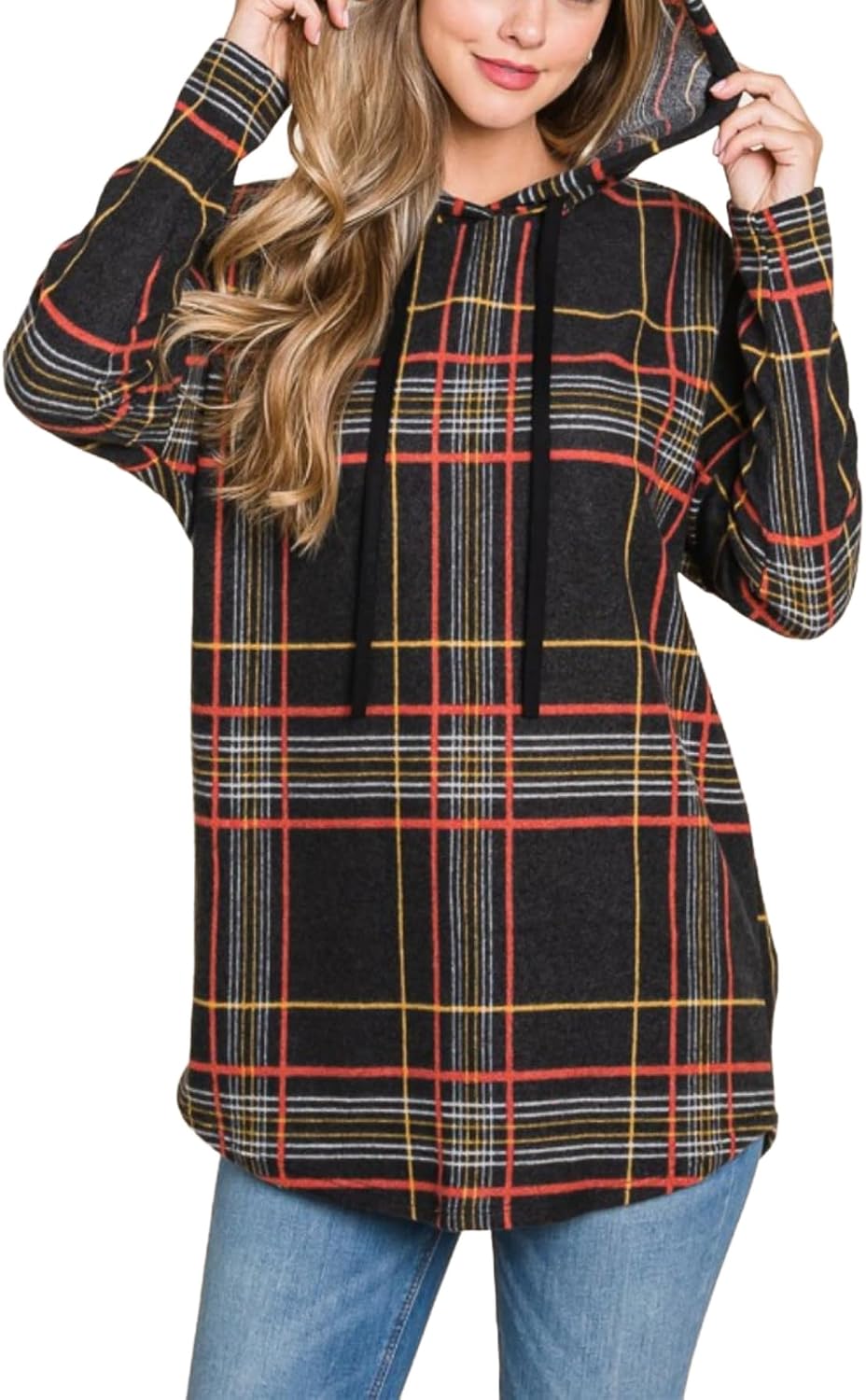 Yanhoo Women's Plaid Hoodie Sweatshirt - Black Long Sleeve, Drawstring Hood, Tunic Length, Casual Fall/Winter