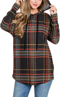 Yanhoo Women's Plaid Hoodie Sweatshirt - Black Long Sleeve, Drawstring Hood, Tunic Length, Casual Fall/Winter