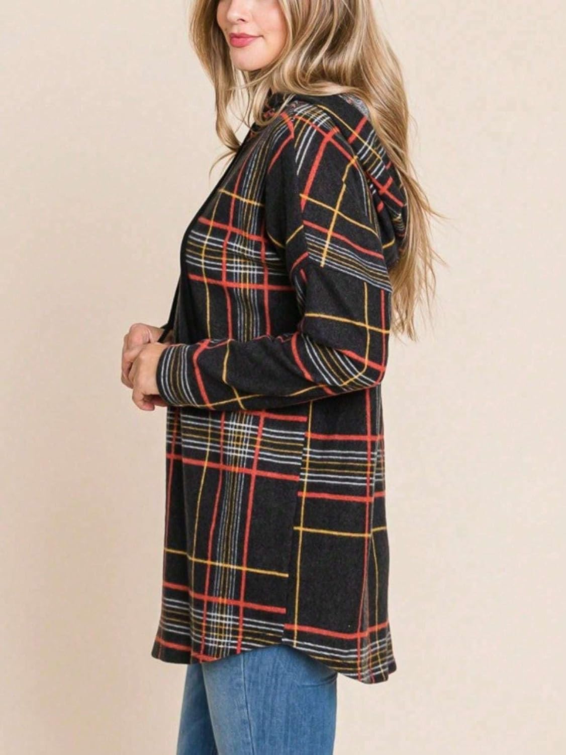 Yanhoo Women's Plaid Hoodie Sweatshirt - Black Long Sleeve, Drawstring Hood, Tunic Length, Casual Fall/Winter