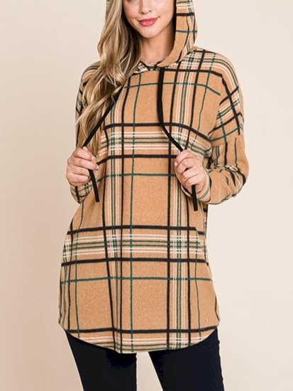 Womens Casual Pullover Hoodie Classic Plaid Pattern Drawstring Design Longline Sweatshirt Camel Black