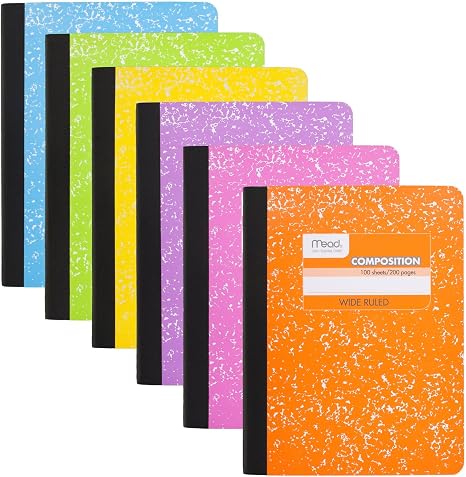 Mead Composition Notebook, Wide Ruled 7.5" x 9.75" Paper, 100 Sheets, Assorted Colors, 6 Pack (950054-ECM)