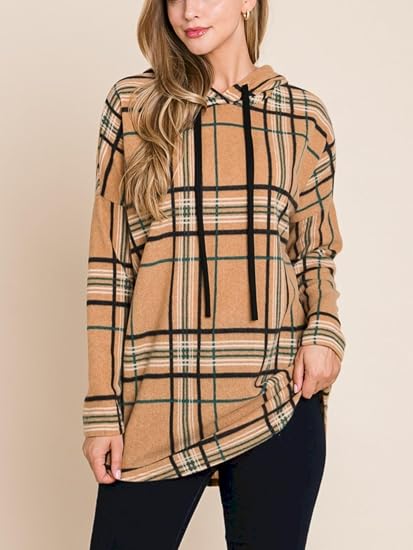 Womens Casual Pullover Hoodie Classic Plaid Pattern Drawstring Design Longline Sweatshirt Camel Black