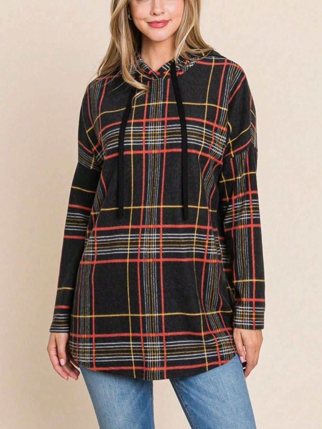 Yanhoo Women's Plaid Hoodie Sweatshirt - Black Long Sleeve, Drawstring Hood, Tunic Length, Casual Fall/Winter