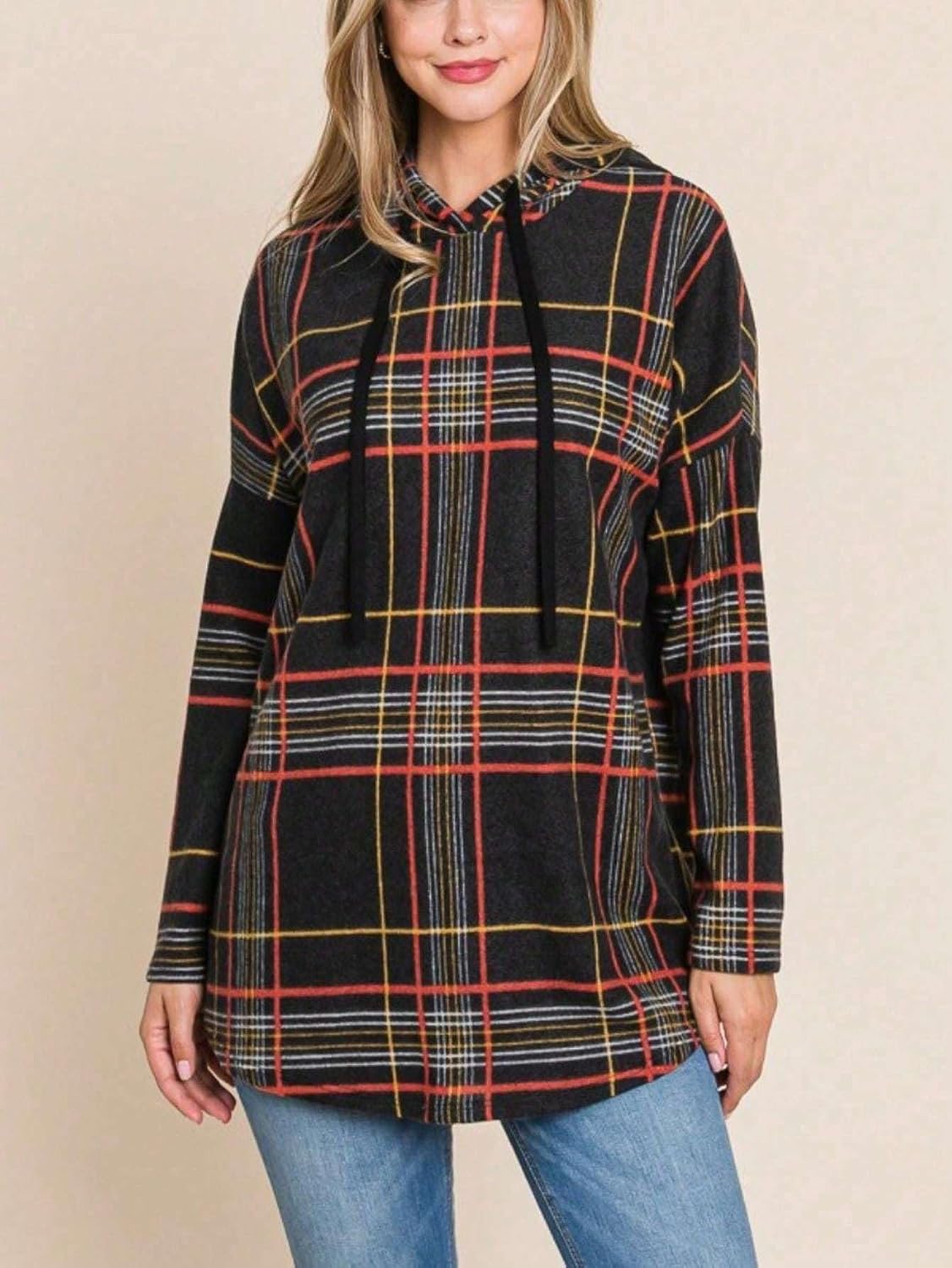 Yanhoo Women's Plaid Hoodie Sweatshirt - Black Long Sleeve, Drawstring Hood, Tunic Length, Casual Fall/Winter