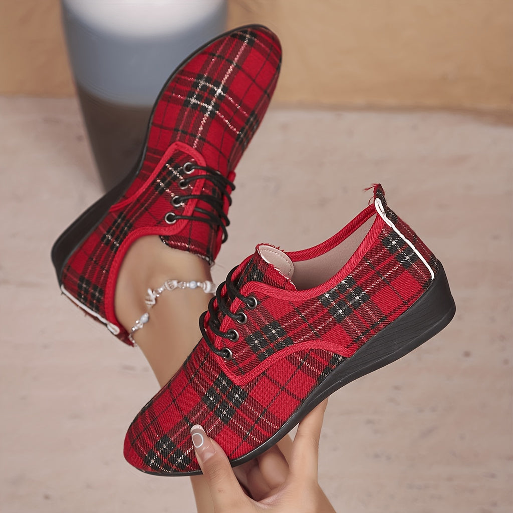 Women's All-Season Fashion Wedge Lace-Up Plaid Loafers